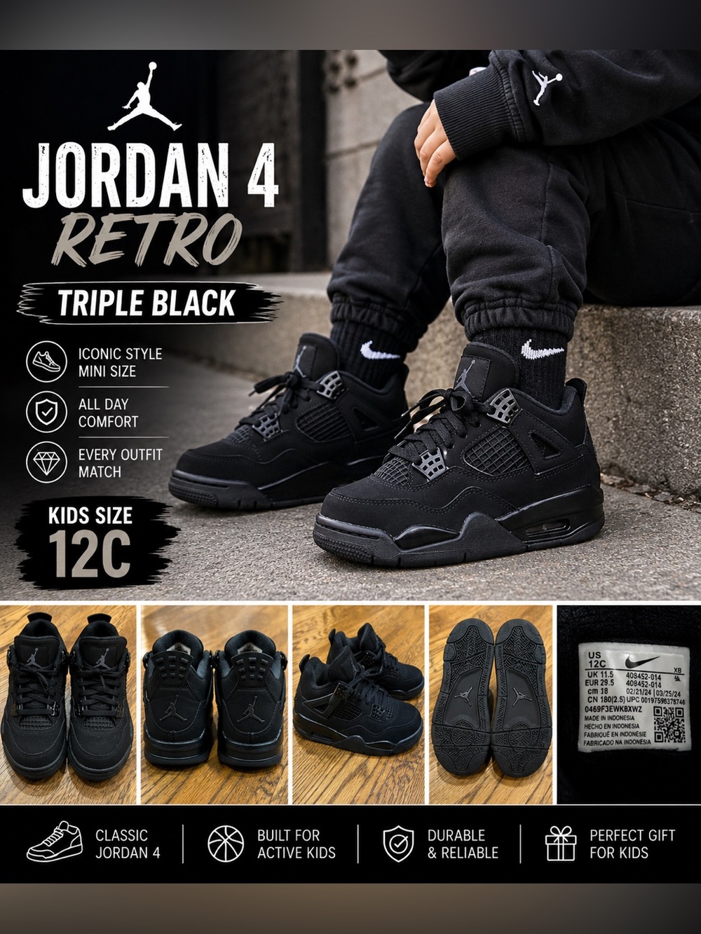 Jordan 4 Retro Triple Black Sneakers Toddler Kids Boys Girls Size 12